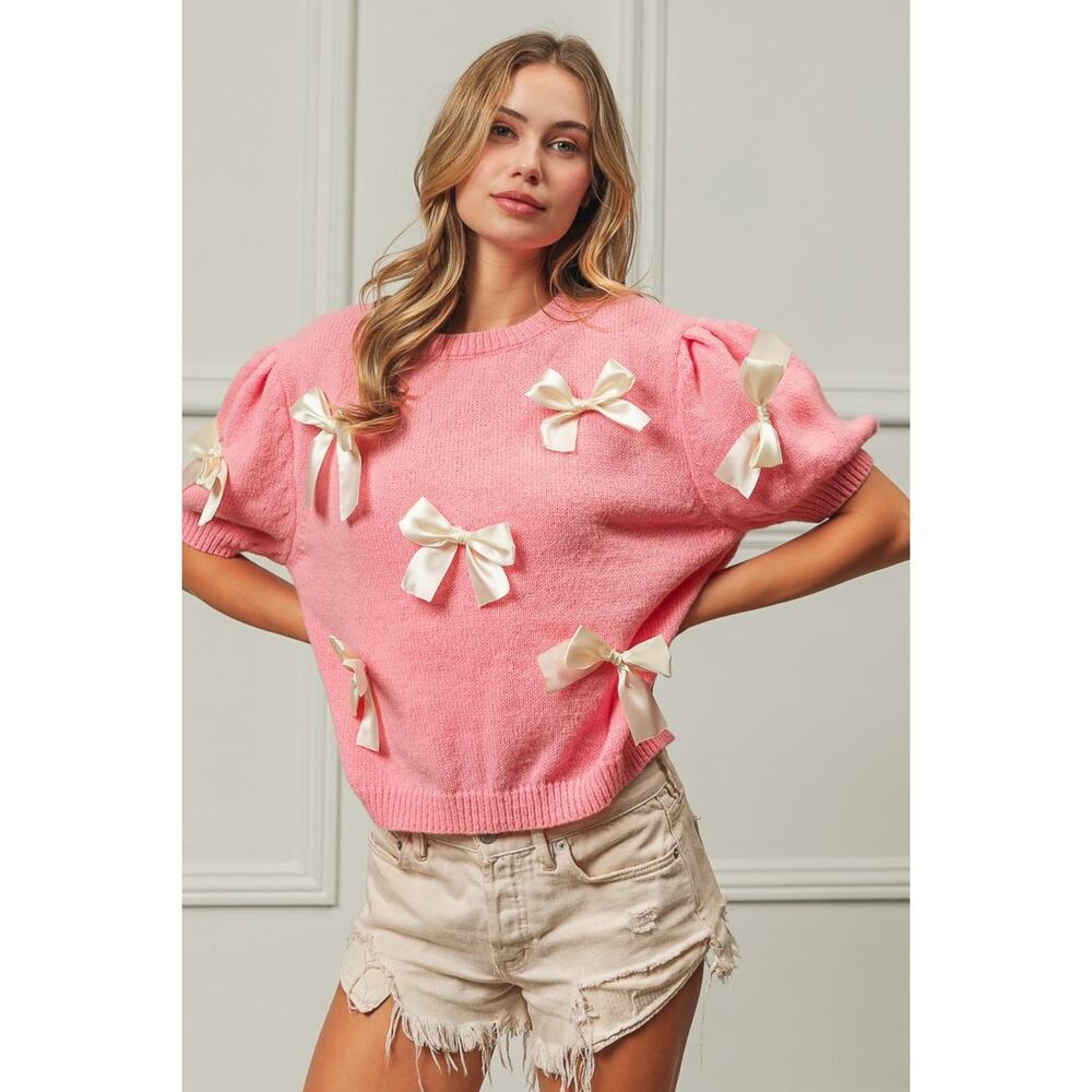 Pink Bow-Embellished Crew Neck Sweater - Picture 5 of 8